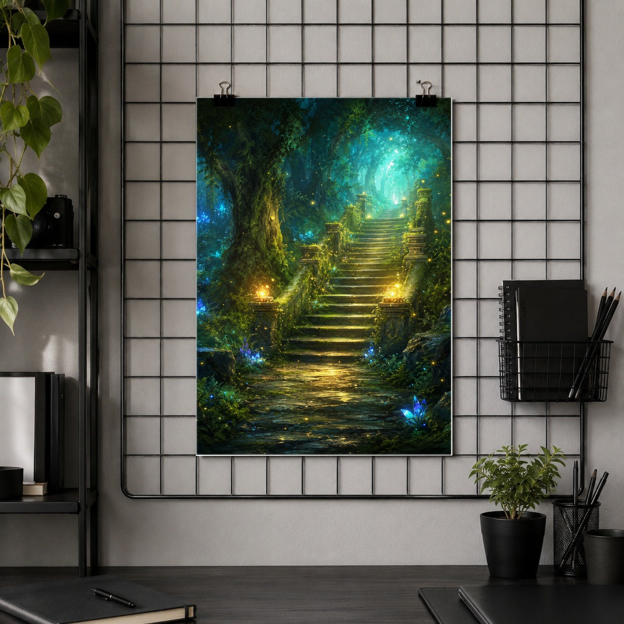 #pl[8x10 Inch|Multicolor] Enchanted Forest Stairway Poster, Fantasy Woodland Wall Art Print