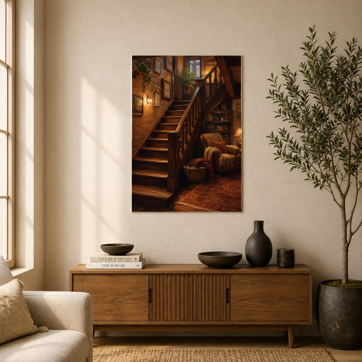 #pl[8x10 Inch|Multicolor] Cozy Wooden Staircase Poster, Warm Cottage Interior Wall Art Print