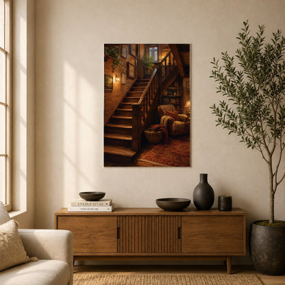 #pl[8x10 Inch|Multicolor] Cozy Wooden Staircase Poster, Warm Cottage Interior Wall Art Print