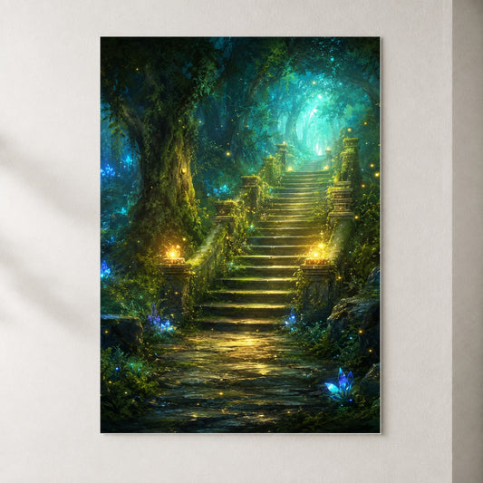 Enchanted Forest Stairway Poster, Fantasy Woodland Wall Art Print