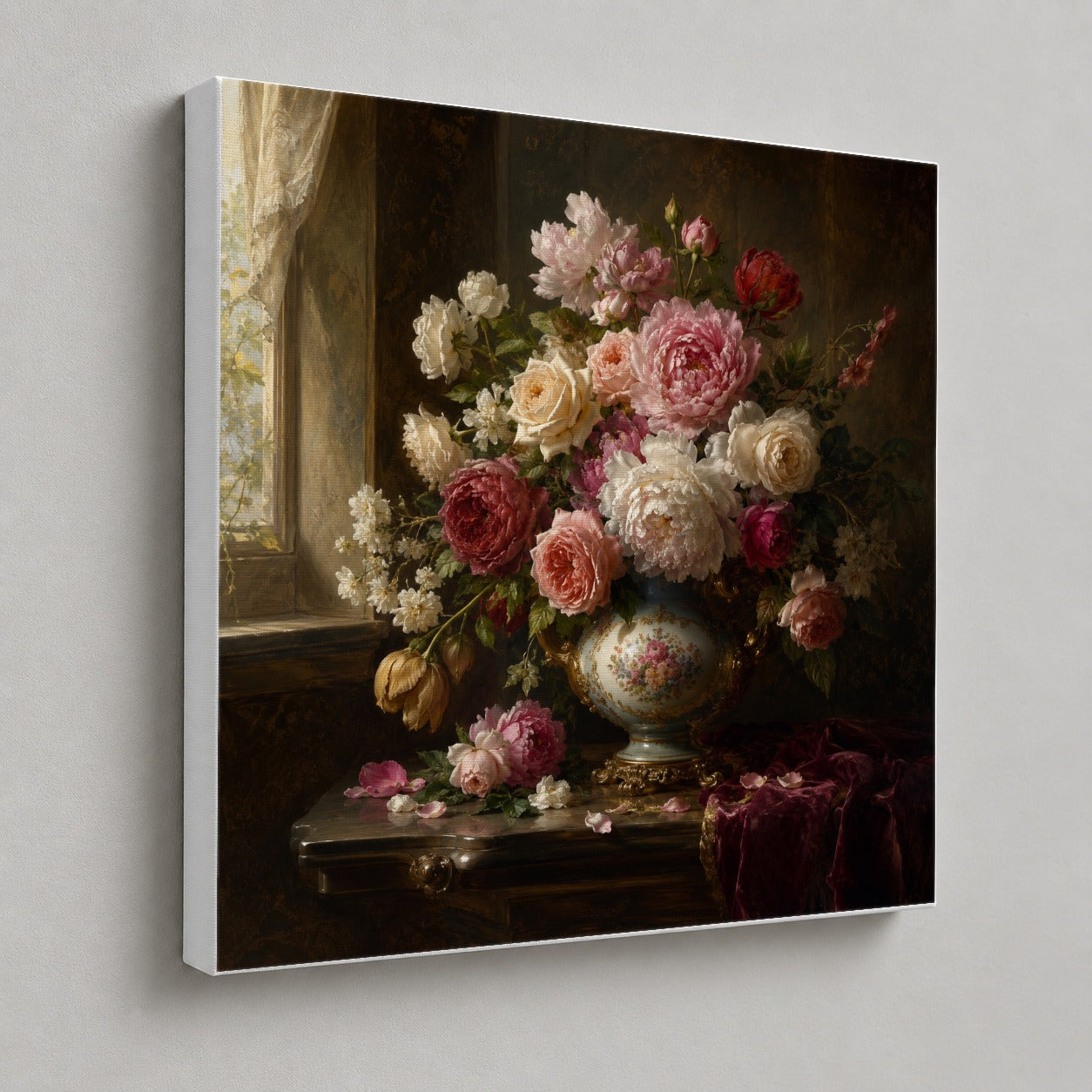 #pl[17x17 Inch|Multicolor] Vintage Floral Square Canvas Wall Art, Romantic Rose Peony Still Life