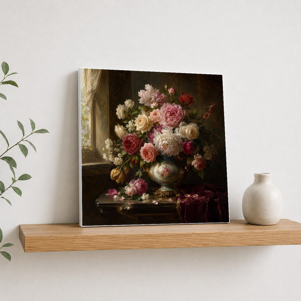 #pl[17x17 Inch|Multicolor] Vintage Floral Square Canvas Wall Art, Romantic Rose Peony Still Life