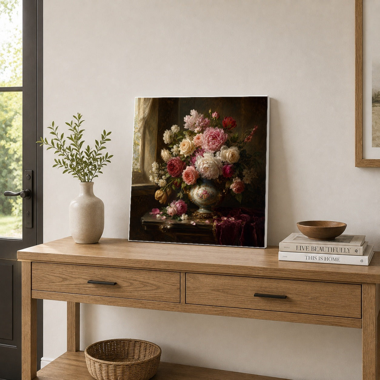 #pl[17x17 Inch|Multicolor] Vintage Floral Square Canvas Wall Art, Romantic Rose Peony Still Life