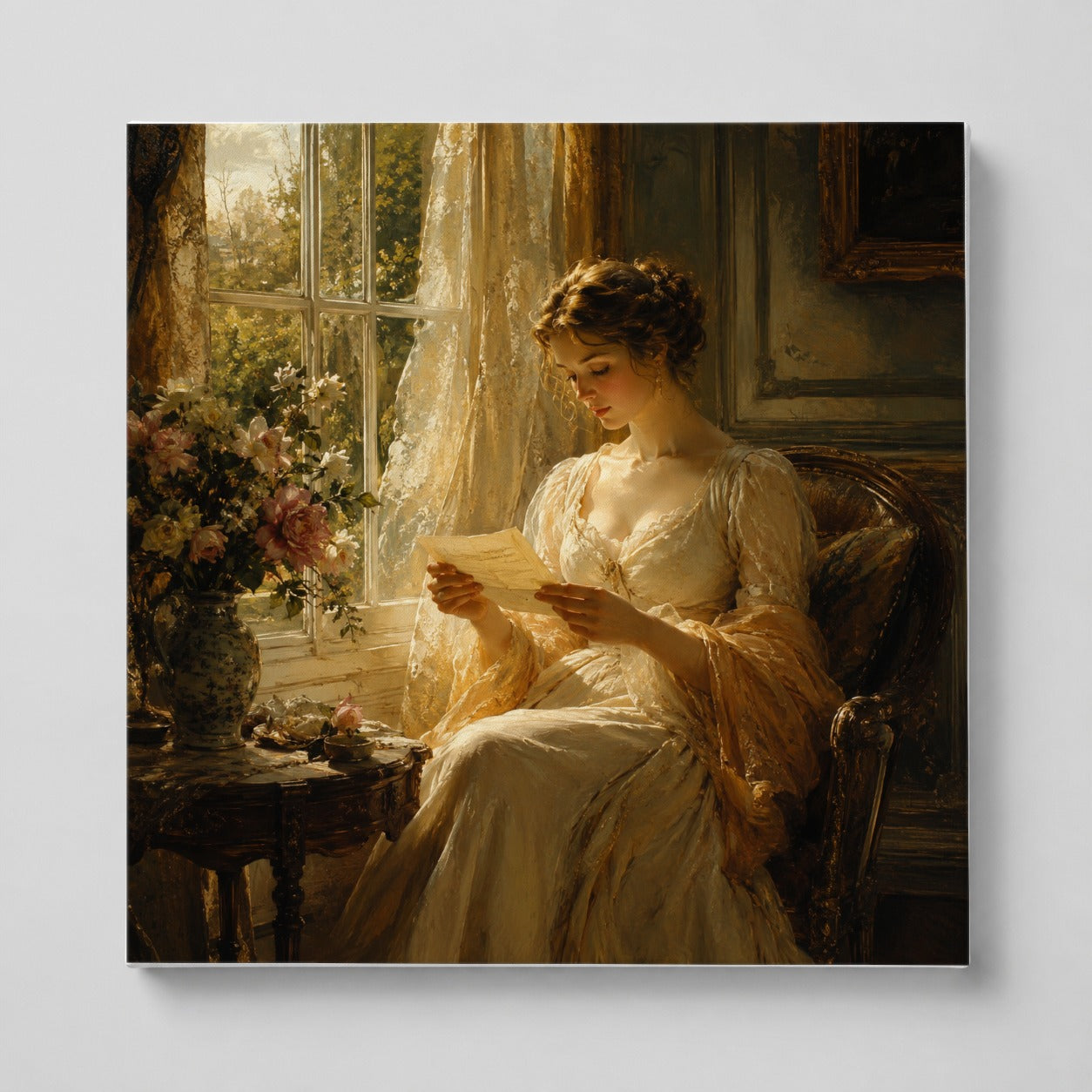 Romantic Reader Square Canvas Wall Art, Sunlit Vintage Letter Scene