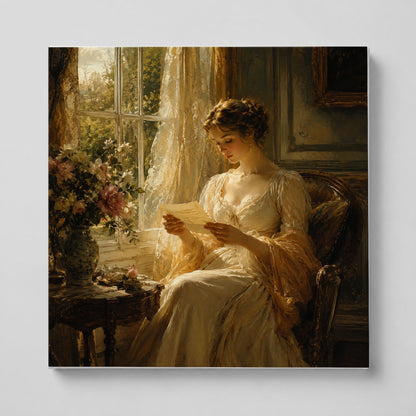 Romantic Reader Square Canvas Wall Art, Sunlit Vintage Letter Scene