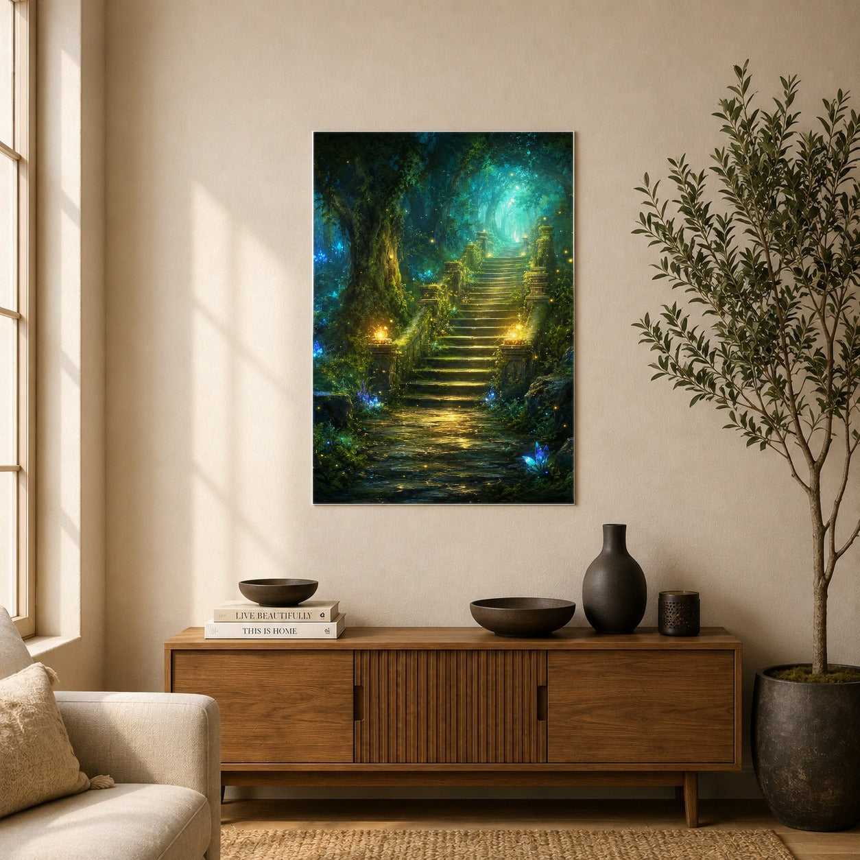 #pl[8x10 Inch|Multicolor] Enchanted Forest Stairway Poster, Fantasy Woodland Wall Art Print
