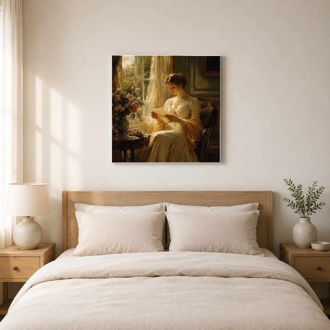 #pl[17x17 Inch|Multicolor] Romantic Reader Square Canvas Wall Art, Sunlit Vintage Letter Scene