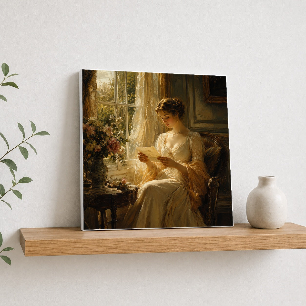 #pl[17x17 Inch|Multicolor] Romantic Reader Square Canvas Wall Art, Sunlit Vintage Letter Scene