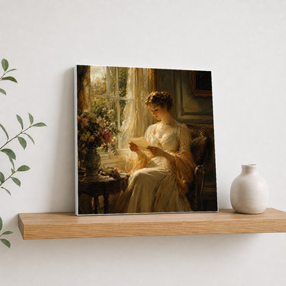 #pl[17x17 Inch|Multicolor] Romantic Reader Square Canvas Wall Art, Sunlit Vintage Letter Scene