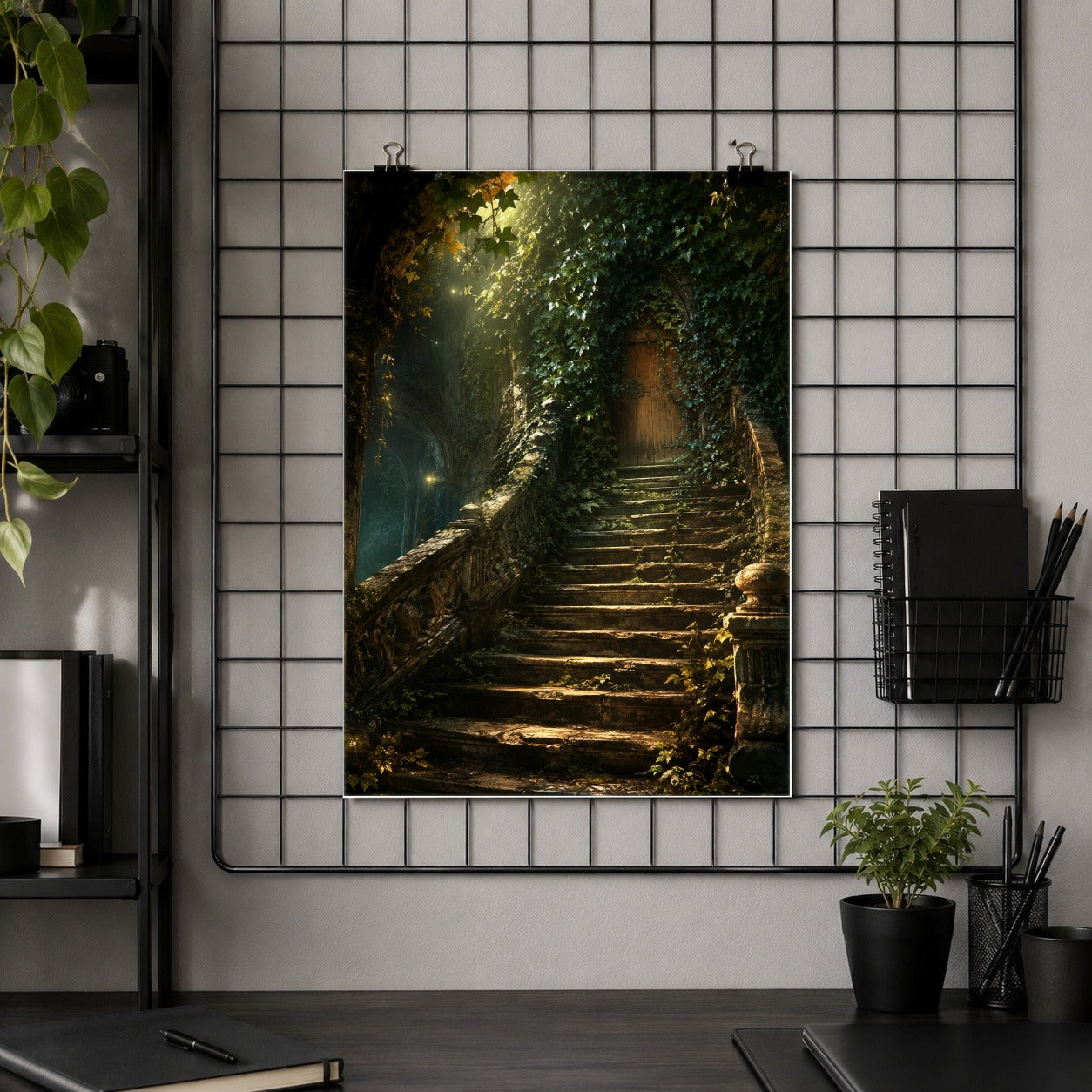 #pl[8x10 Inch|Multicolor] Ivy Hidden Staircase Poster, Mystic Garden Door Wall Art Print