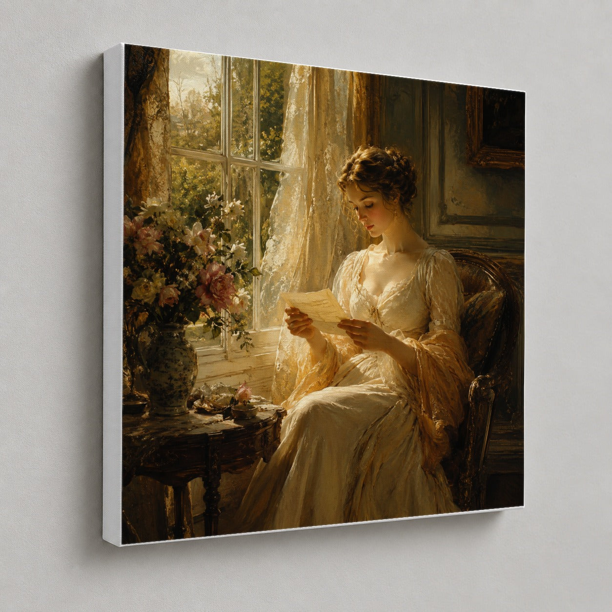 #pl[17x17 Inch|Multicolor] Romantic Reader Square Canvas Wall Art, Sunlit Vintage Letter Scene