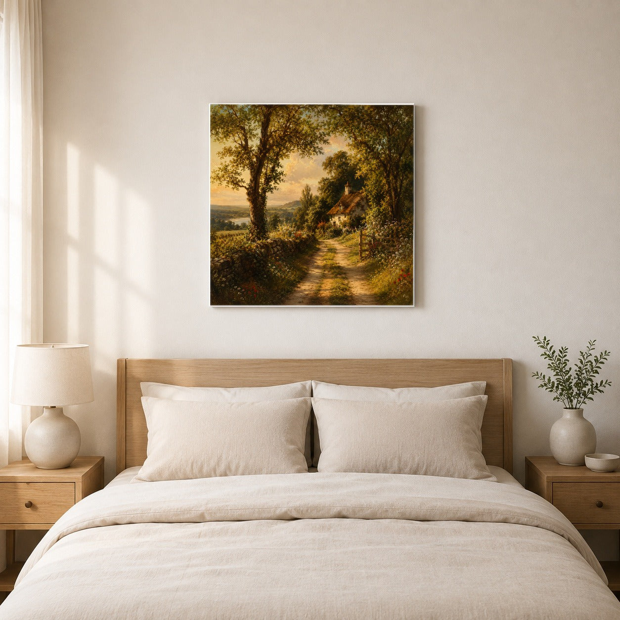 #pl[17x17 Inch|Multicolor] Cottage Countryside Square Canvas Wall Art, Golden Garden Path