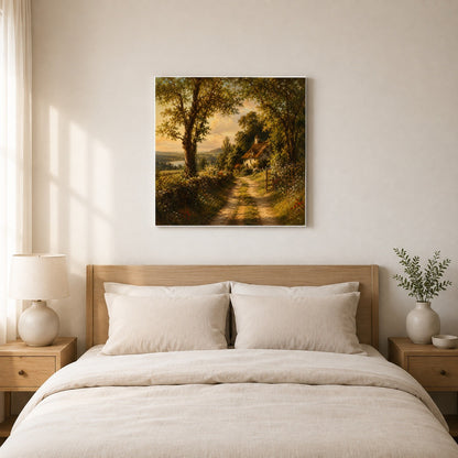 #pl[17x17 Inch|Multicolor] Cottage Countryside Square Canvas Wall Art, Golden Garden Path