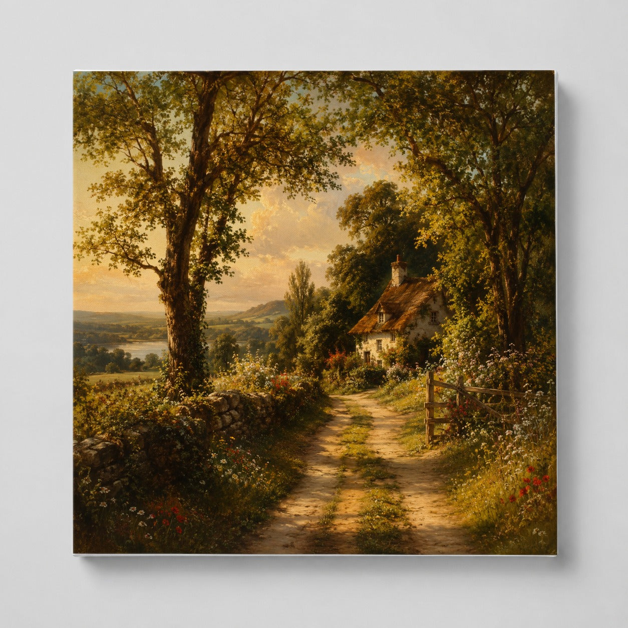Cottage Countryside Square Canvas Wall Art, Golden Garden Path