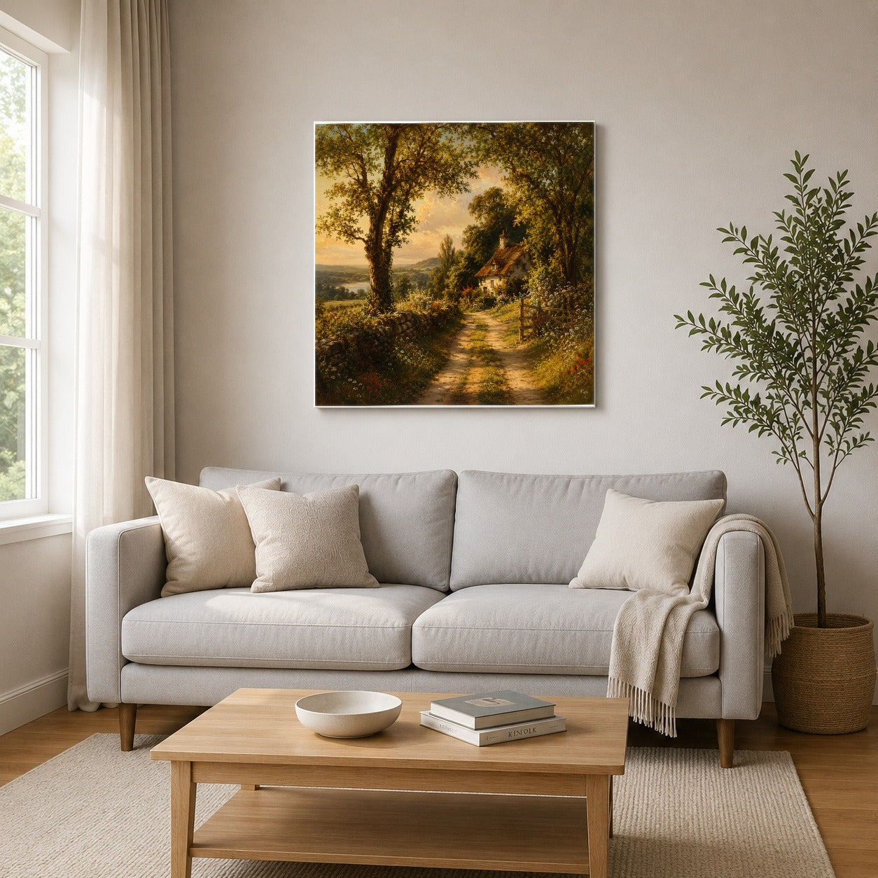 #pl[17x17 Inch|Multicolor] Cottage Countryside Square Canvas Wall Art, Golden Garden Path