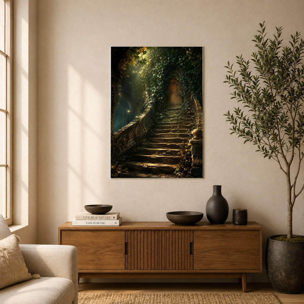 #pl[8x10 Inch|Multicolor] Ivy Hidden Staircase Poster, Mystic Garden Door Wall Art Print