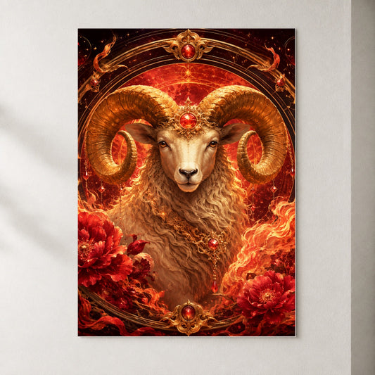 Aries Ram Poster, Fiery Zodiac Celestial Wall Art Print