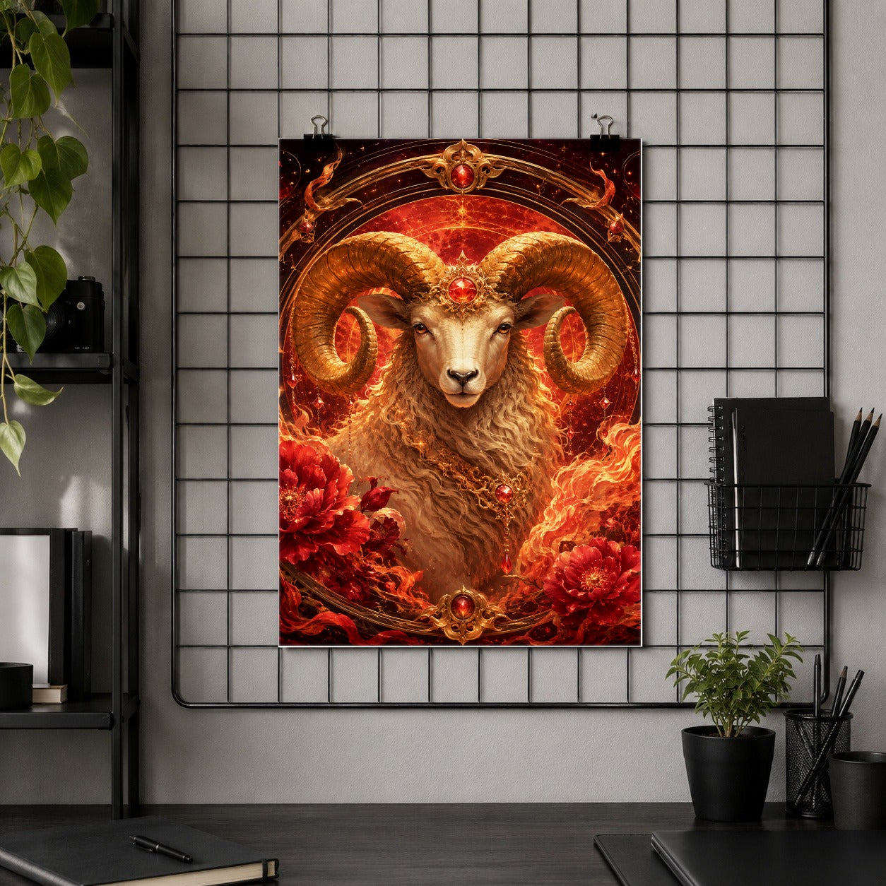 #pl[8x10 Inch|Multicolor] Aries Ram Poster, Fiery Zodiac Celestial Wall Art Print