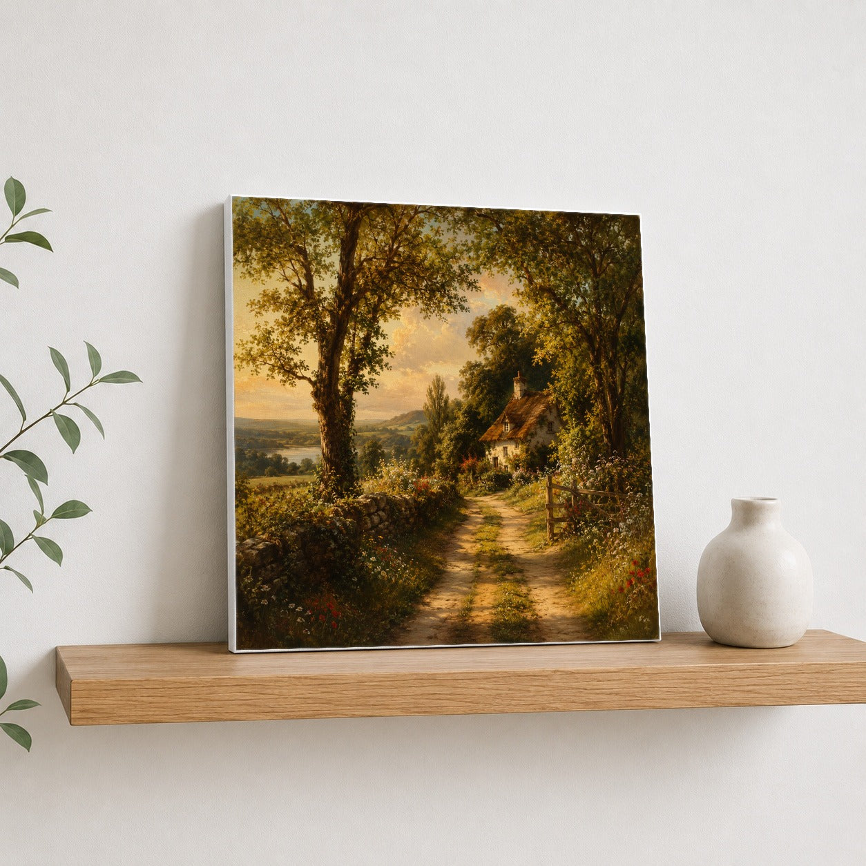 #pl[17x17 Inch|Multicolor] Cottage Countryside Square Canvas Wall Art, Golden Garden Path