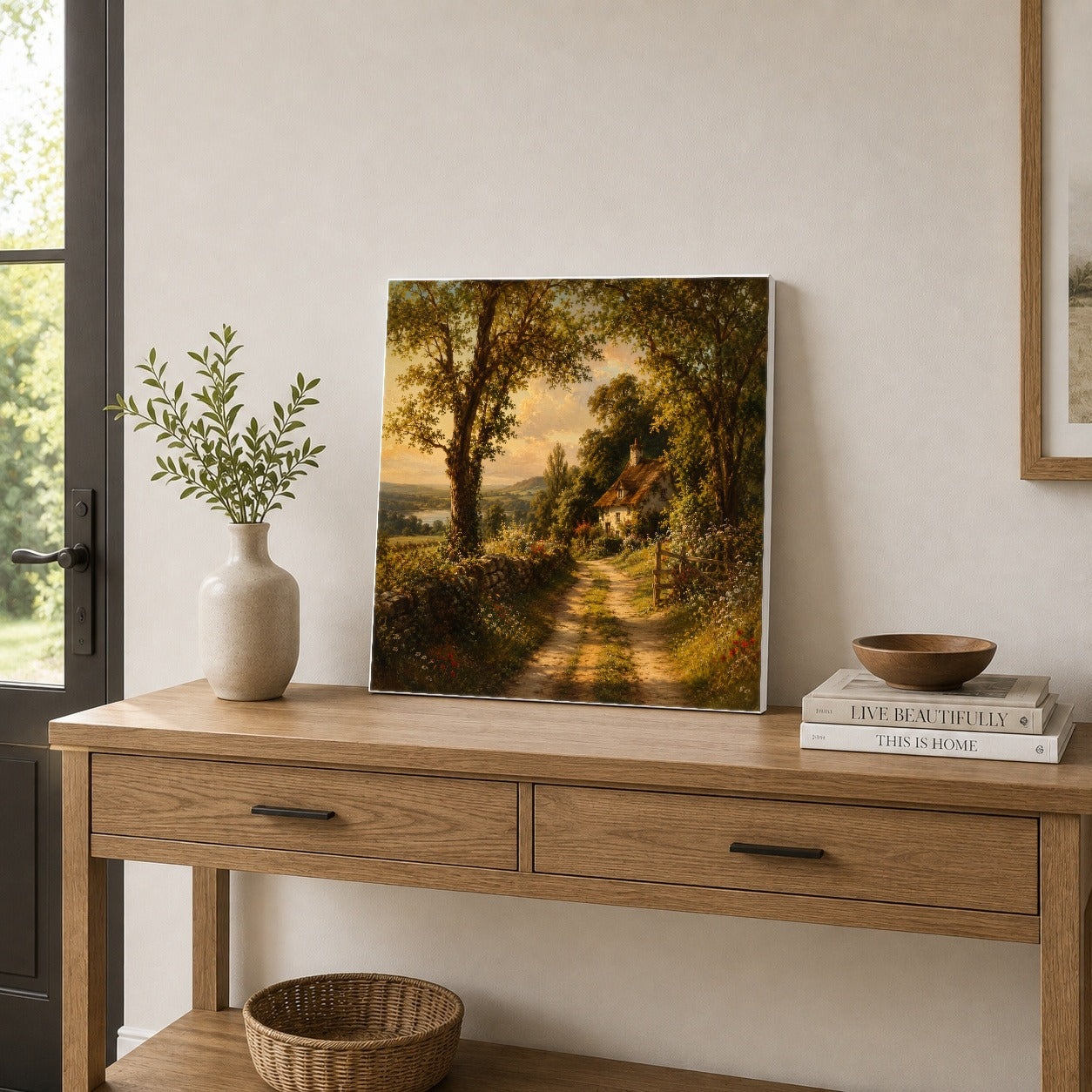 #pl[17x17 Inch|Multicolor] Cottage Countryside Square Canvas Wall Art, Golden Garden Path