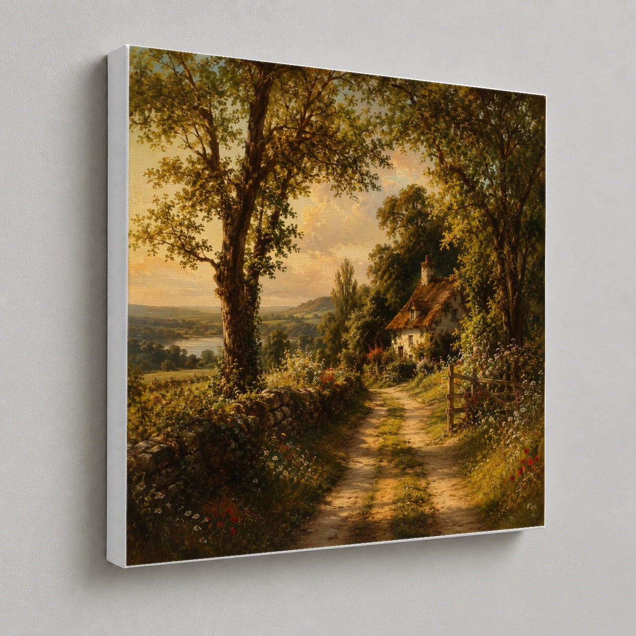 #pl[17x17 Inch|Multicolor] Cottage Countryside Square Canvas Wall Art, Golden Garden Path