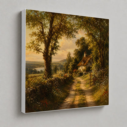 #pl[17x17 Inch|Multicolor] Cottage Countryside Square Canvas Wall Art, Golden Garden Path