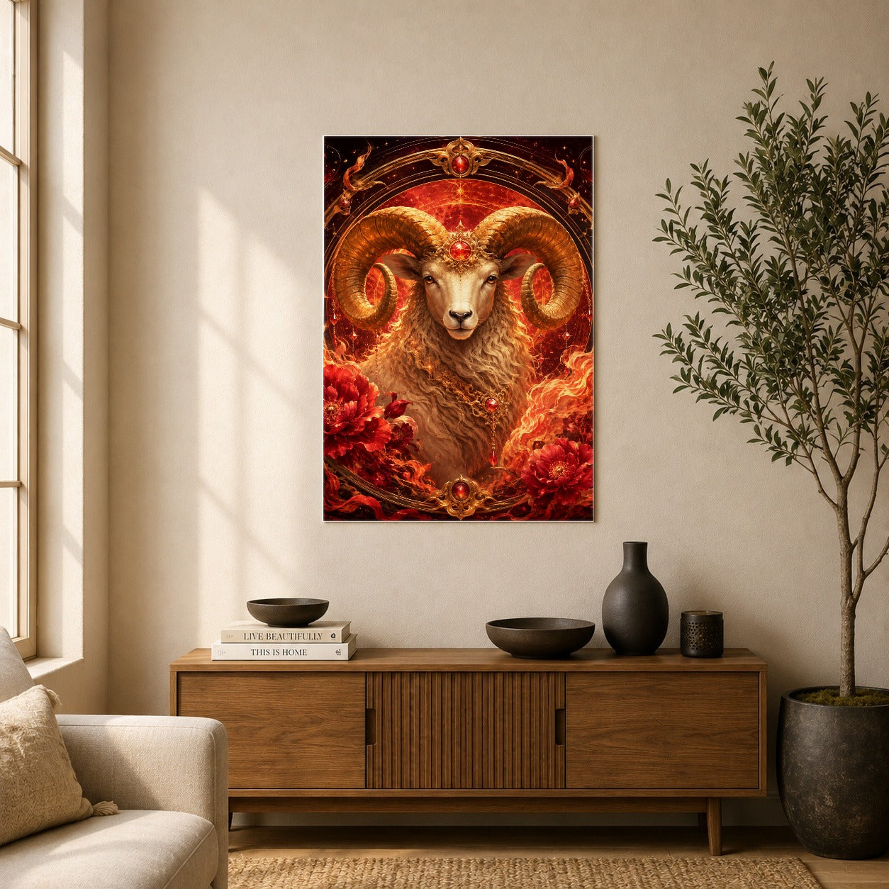 #pl[8x10 Inch|Multicolor] Aries Ram Poster, Fiery Zodiac Celestial Wall Art Print