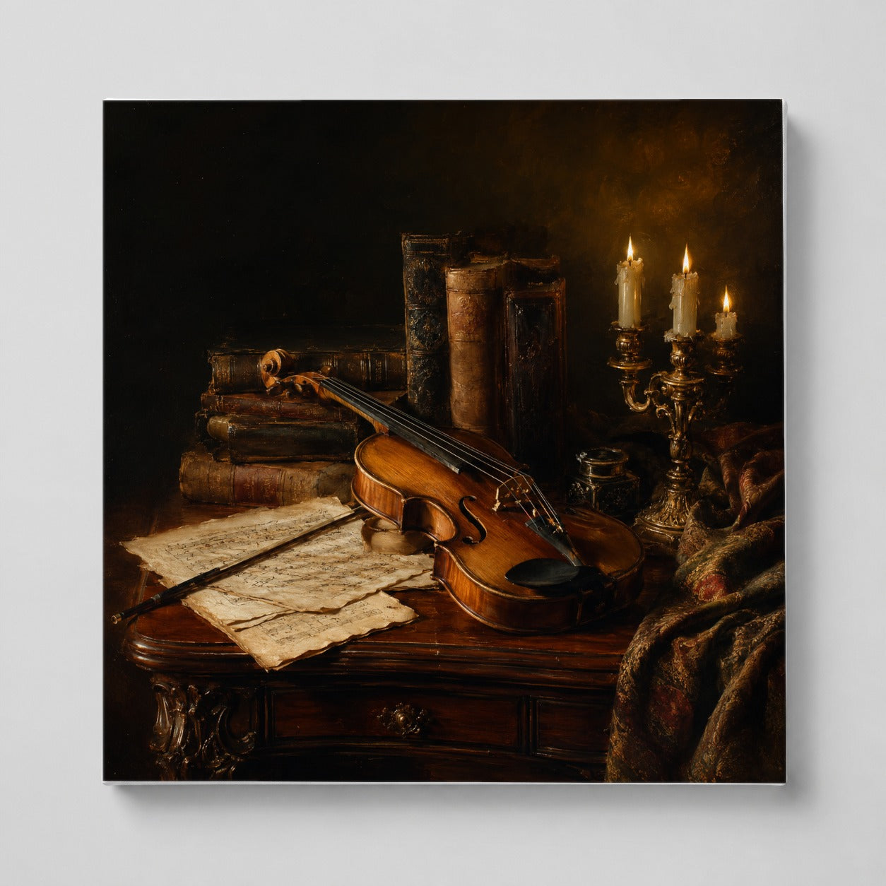 Violin Still Life Square Canvas Wall Art, Candlelit Books and Music