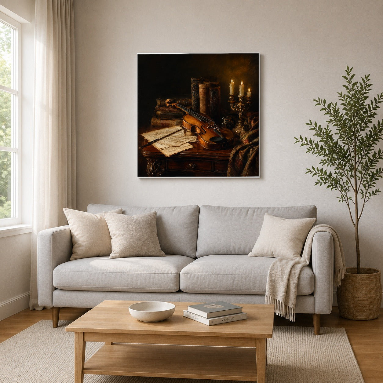 #pl[17x17 Inch|Multicolor] Violin Still Life Square Canvas Wall Art, Candlelit Books and Music