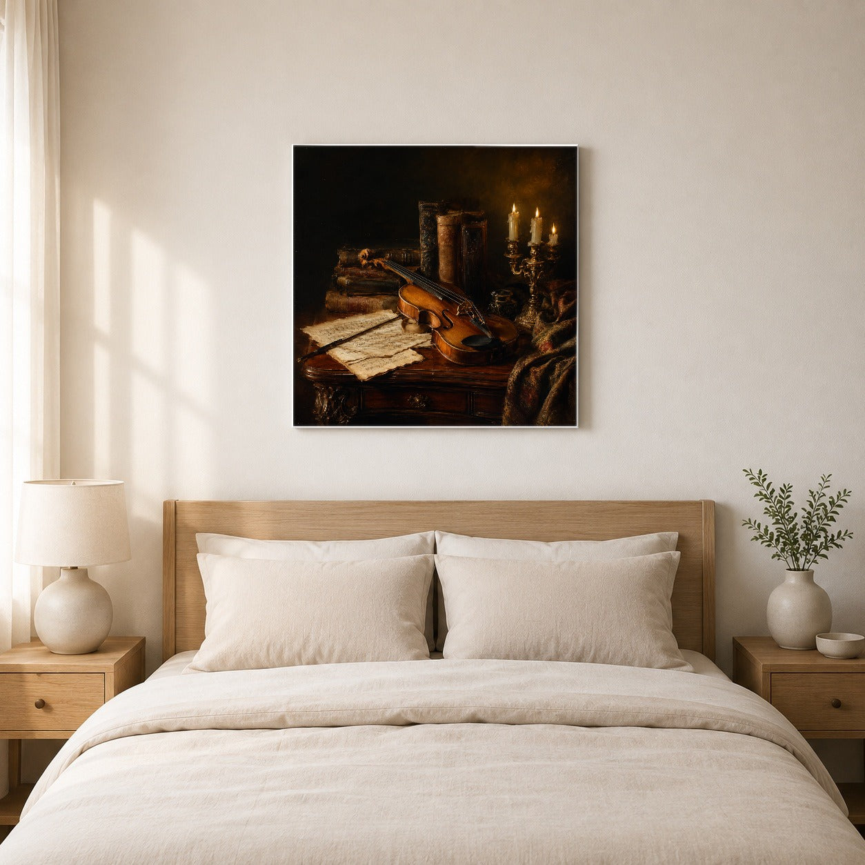 #pl[17x17 Inch|Multicolor] Violin Still Life Square Canvas Wall Art, Candlelit Books and Music