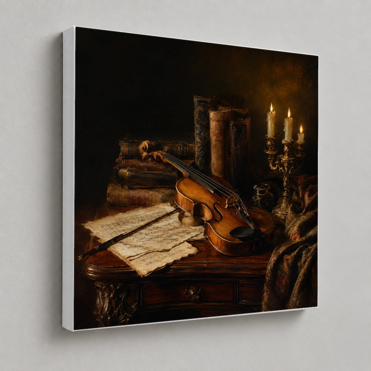 #pl[17x17 Inch|Multicolor] Violin Still Life Square Canvas Wall Art, Candlelit Books and Music