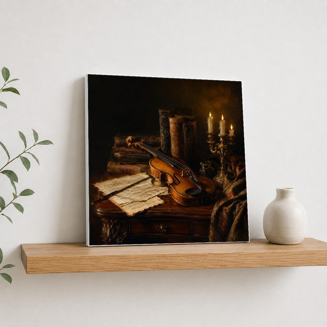 #pl[17x17 Inch|Multicolor] Violin Still Life Square Canvas Wall Art, Candlelit Books and Music