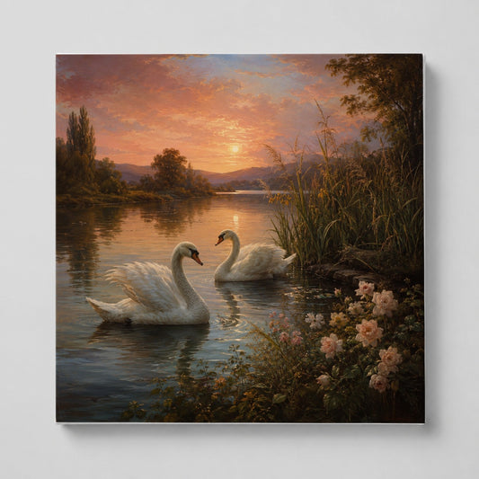 Swan Lake Sunset Square Canvas Wall Art, Romantic Roses Landscape
