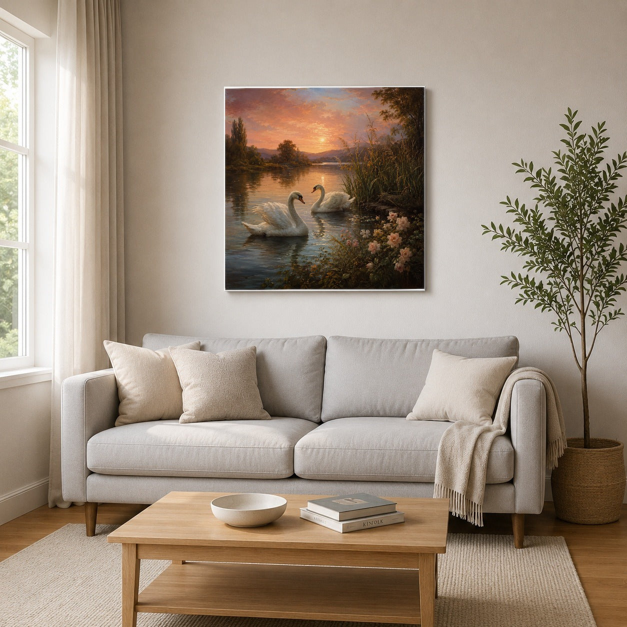 #pl[17x17 Inch|Multicolor] Swan Lake Sunset Square Canvas Wall Art, Romantic Roses Landscape