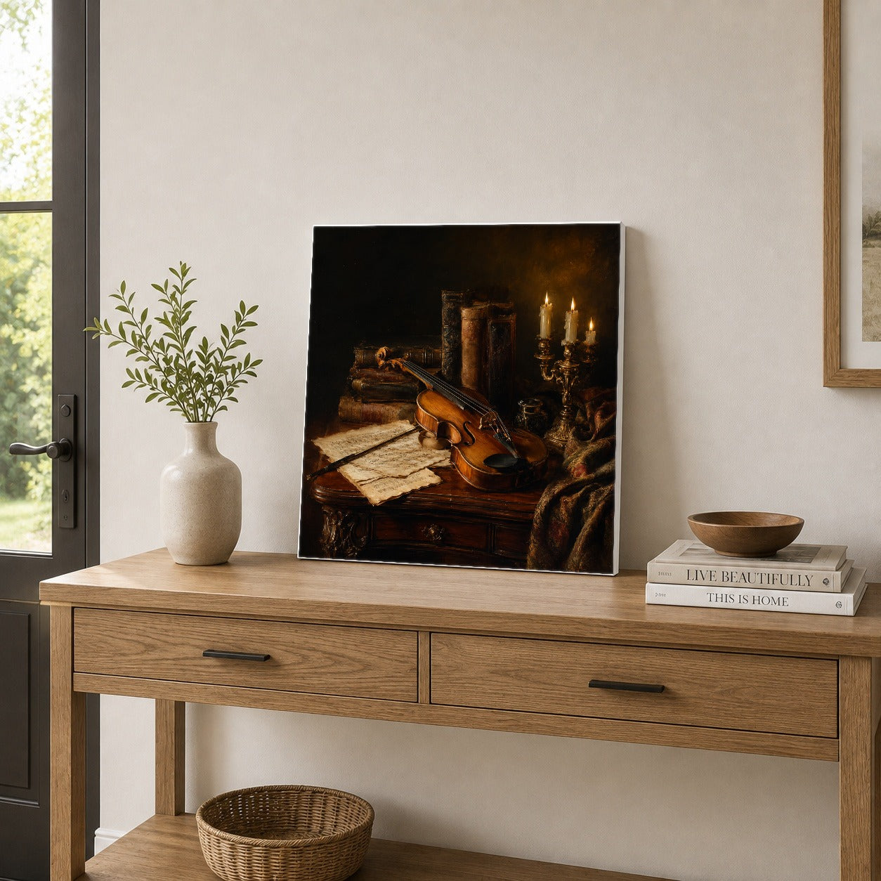 #pl[17x17 Inch|Multicolor] Violin Still Life Square Canvas Wall Art, Candlelit Books and Music
