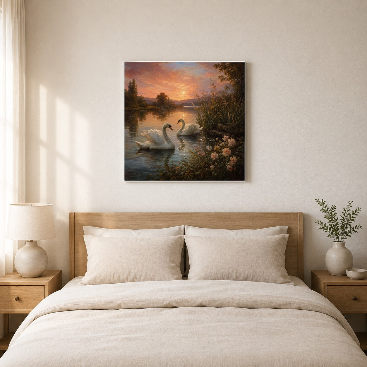 #pl[17x17 Inch|Multicolor] Swan Lake Sunset Square Canvas Wall Art, Romantic Roses Landscape