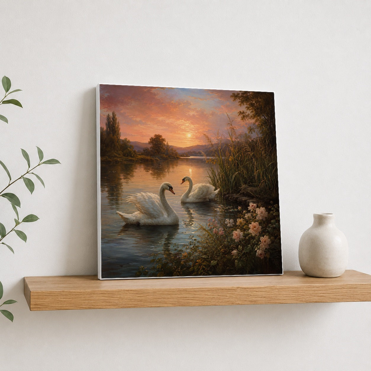 #pl[17x17 Inch|Multicolor] Swan Lake Sunset Square Canvas Wall Art, Romantic Roses Landscape