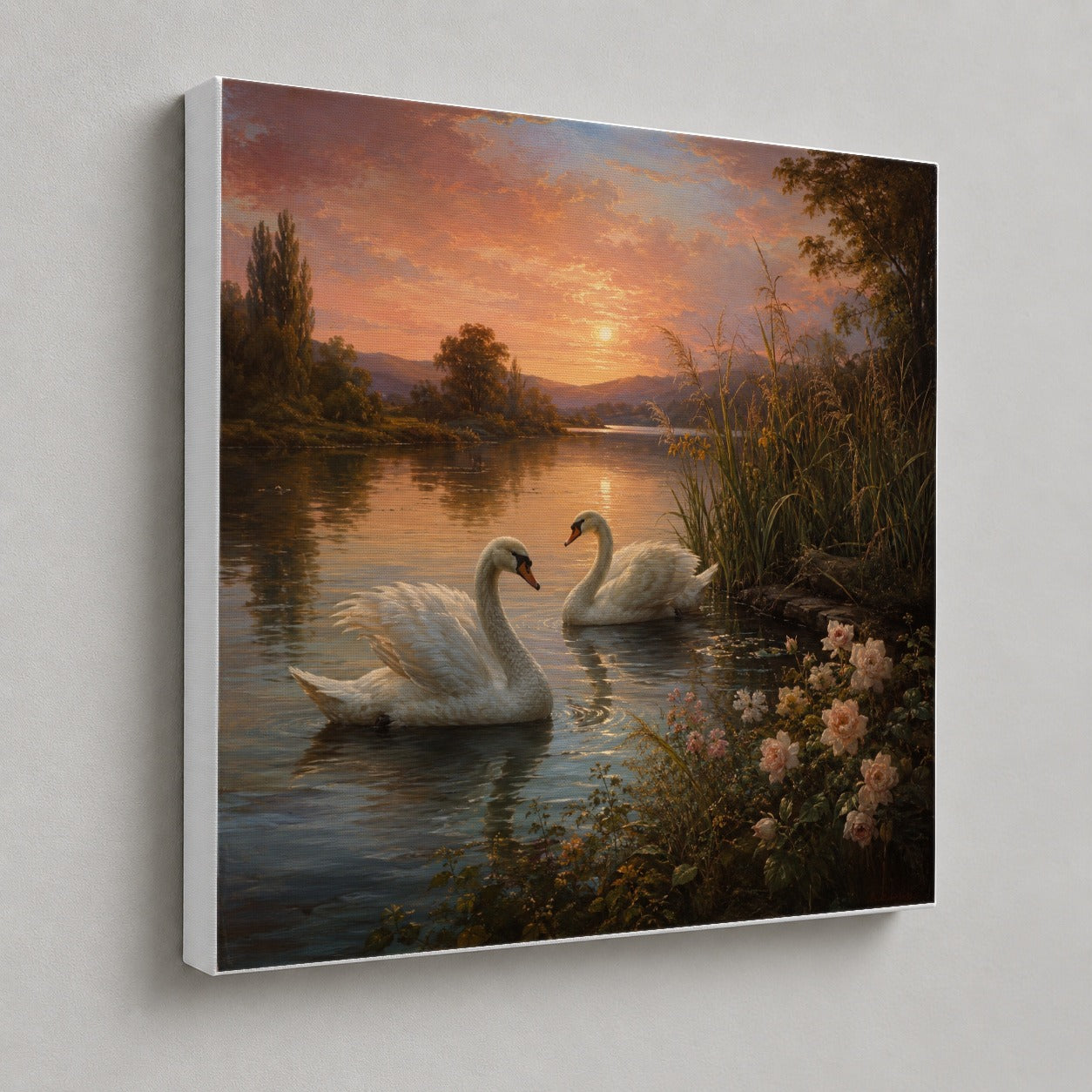#pl[17x17 Inch|Multicolor] Swan Lake Sunset Square Canvas Wall Art, Romantic Roses Landscape