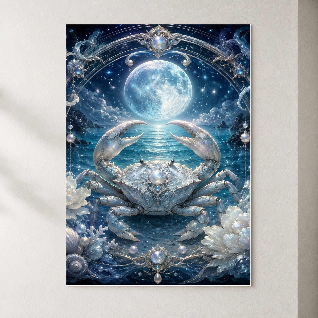 Cancer Crab Poster, Moonlit Zodiac Celestial Wall Art Print