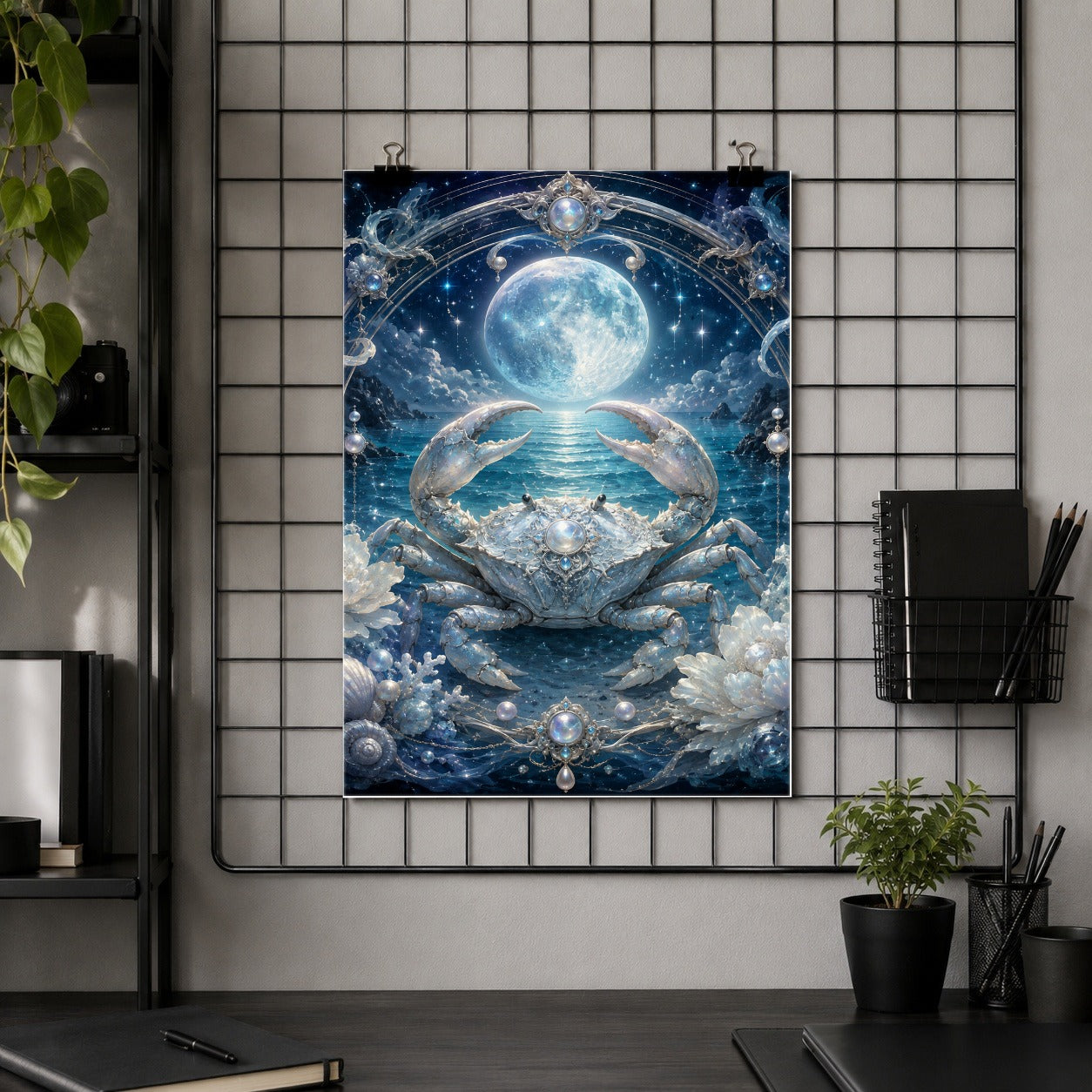 #pl[8x10 Inch|Multicolor] Cancer Crab Poster, Moonlit Zodiac Celestial Wall Art Print