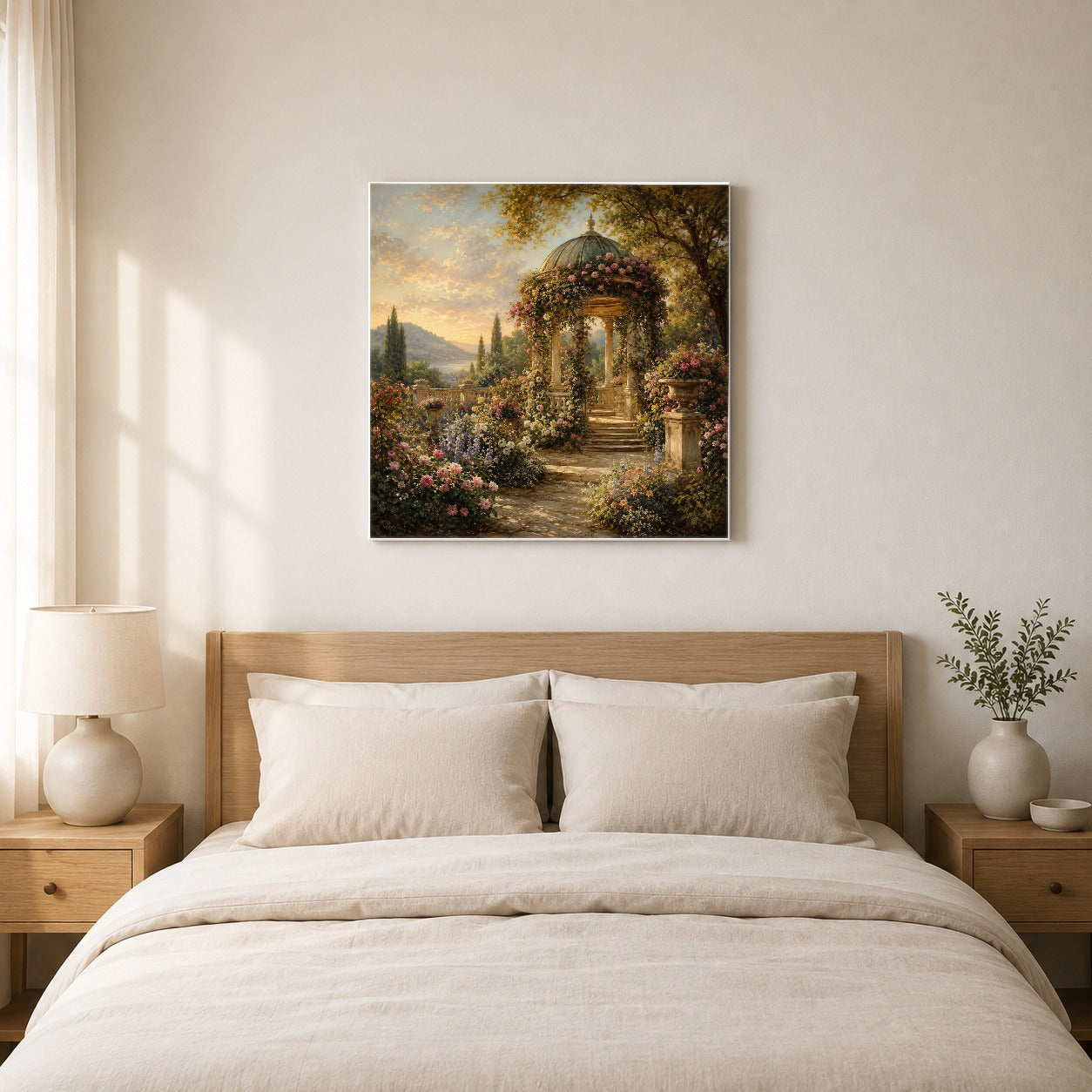 #pl[17x17 Inch|Multicolor] Rose Garden Gazebo Square Canvas Wall Art, Romantic Lakeside Garden