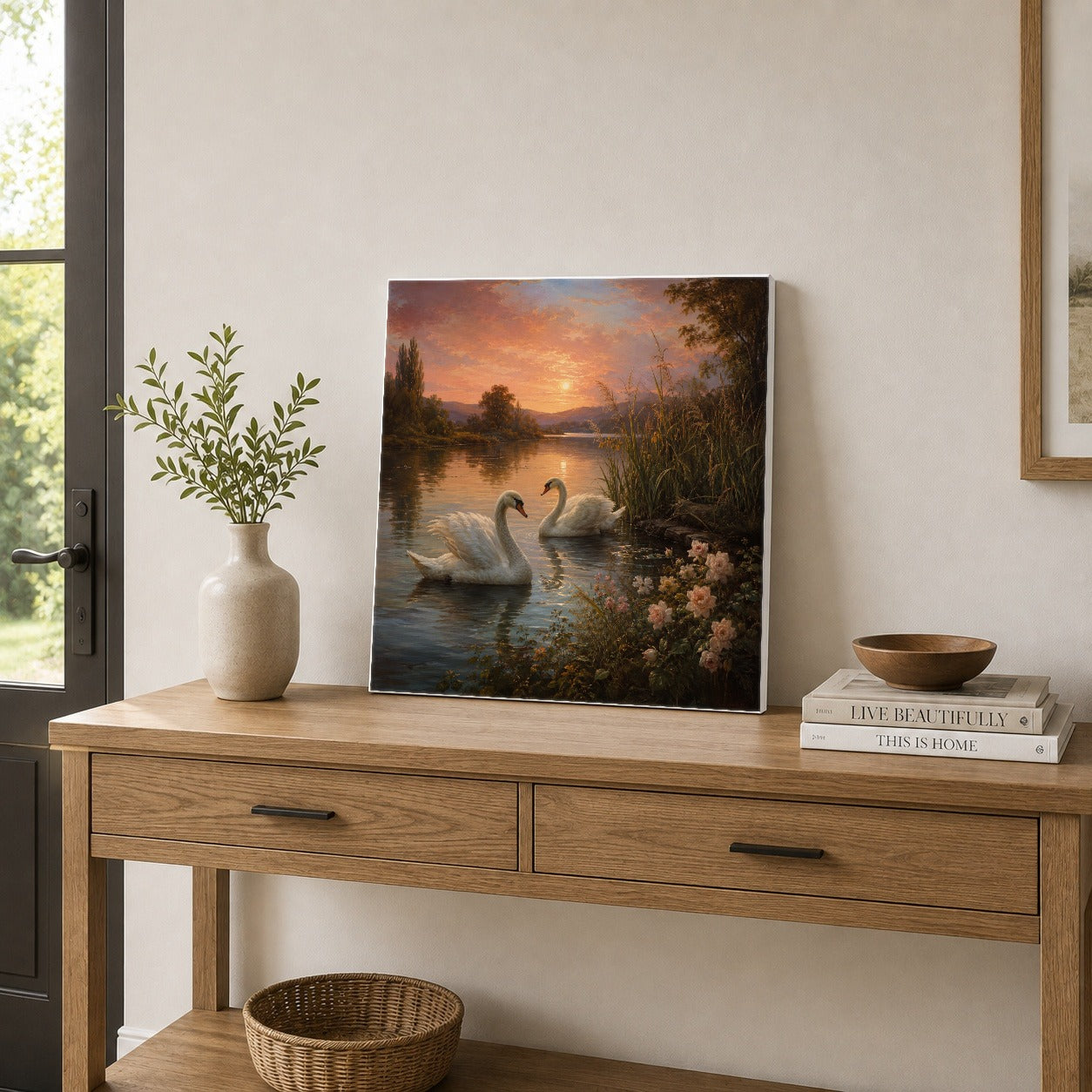 #pl[17x17 Inch|Multicolor] Swan Lake Sunset Square Canvas Wall Art, Romantic Roses Landscape