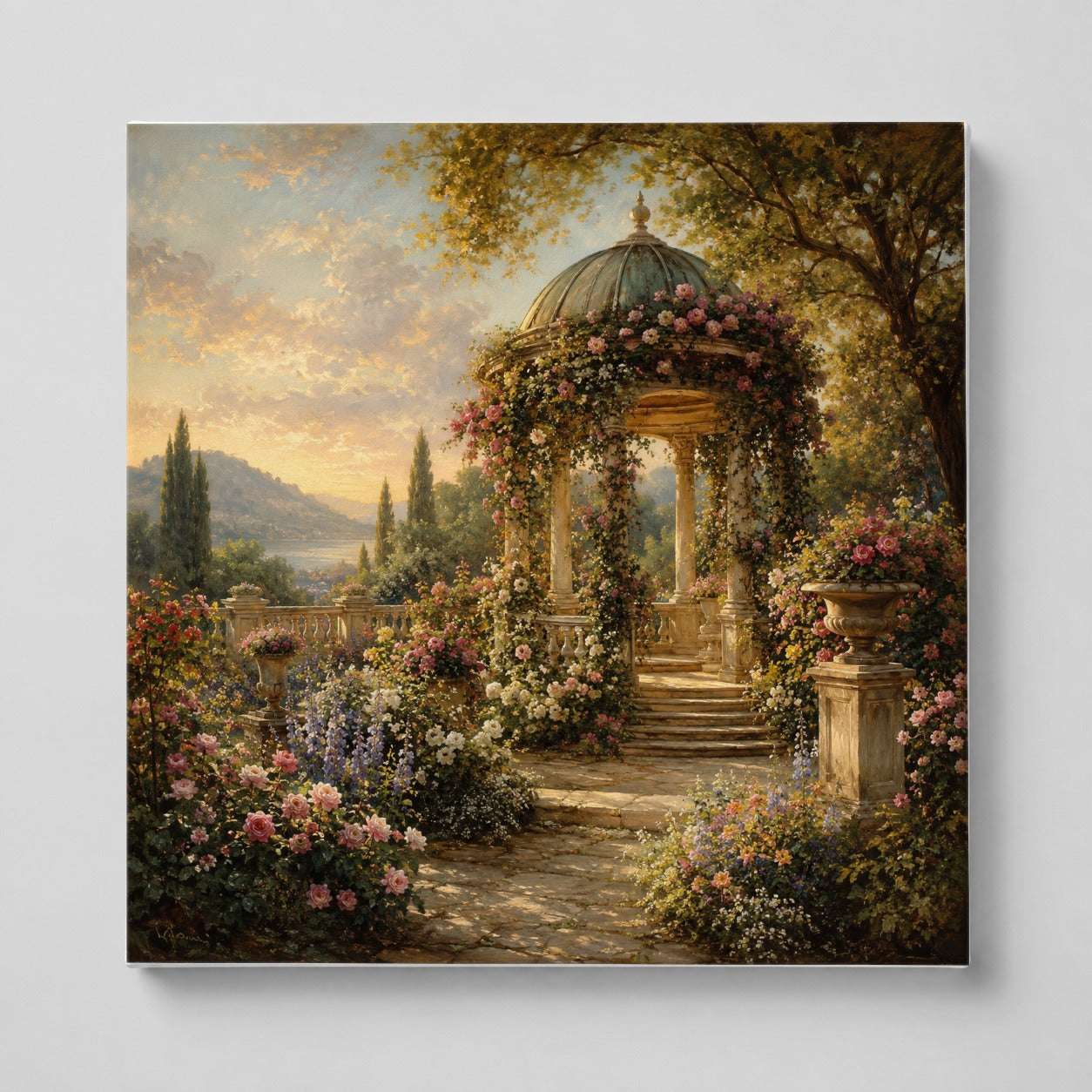 Rose Garden Gazebo Square Canvas Wall Art, Romantic Lakeside Garden