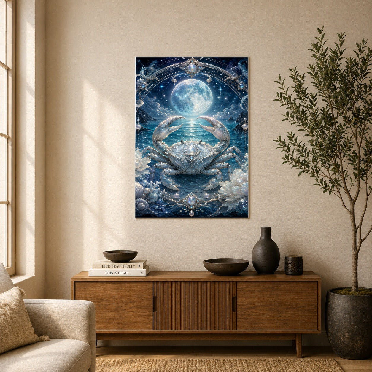 #pl[8x10 Inch|Multicolor] Cancer Crab Poster, Moonlit Zodiac Celestial Wall Art Print