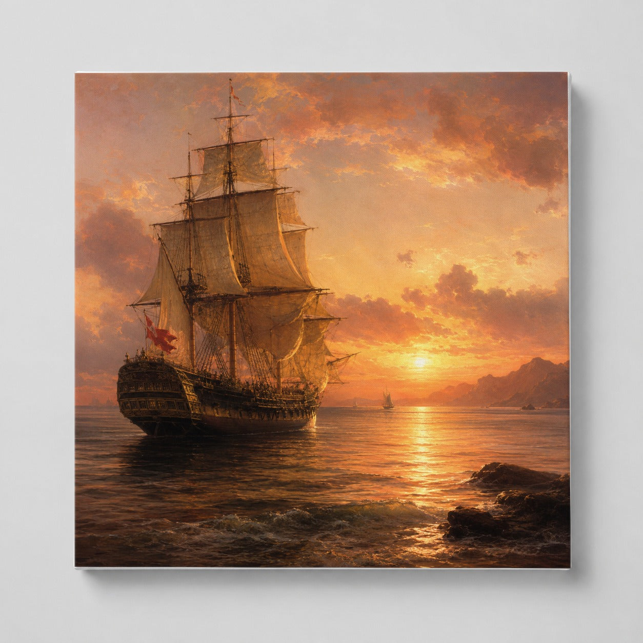 Tall Ship Sunset Square Canvas Wall Art, Vintage Sailing Seascape