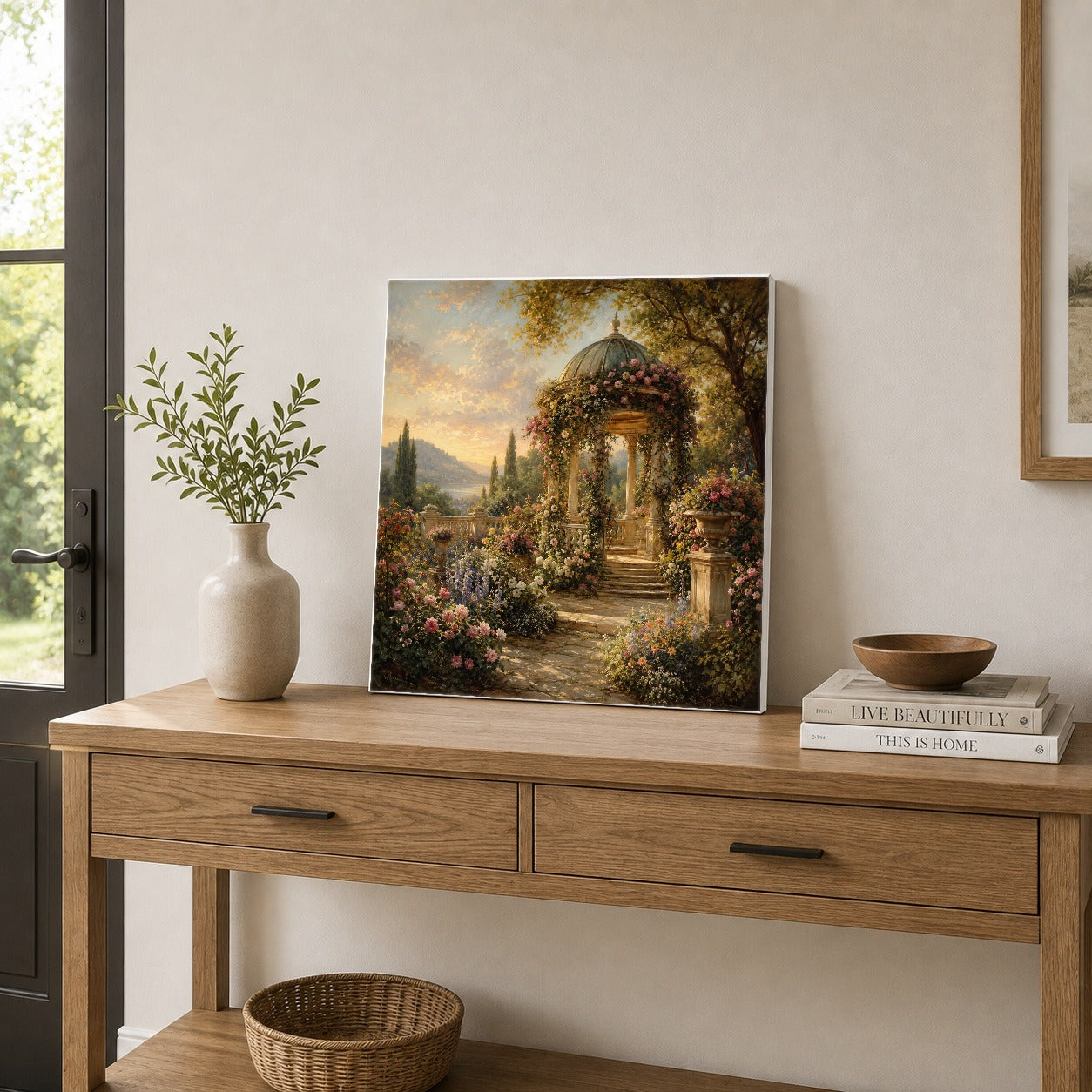 #pl[17x17 Inch|Multicolor] Rose Garden Gazebo Square Canvas Wall Art, Romantic Lakeside Garden