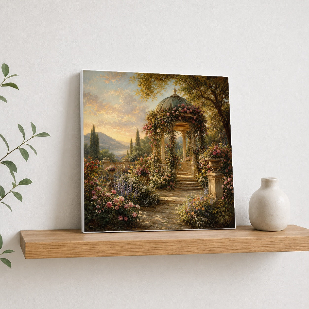 #pl[17x17 Inch|Multicolor] Rose Garden Gazebo Square Canvas Wall Art, Romantic Lakeside Garden