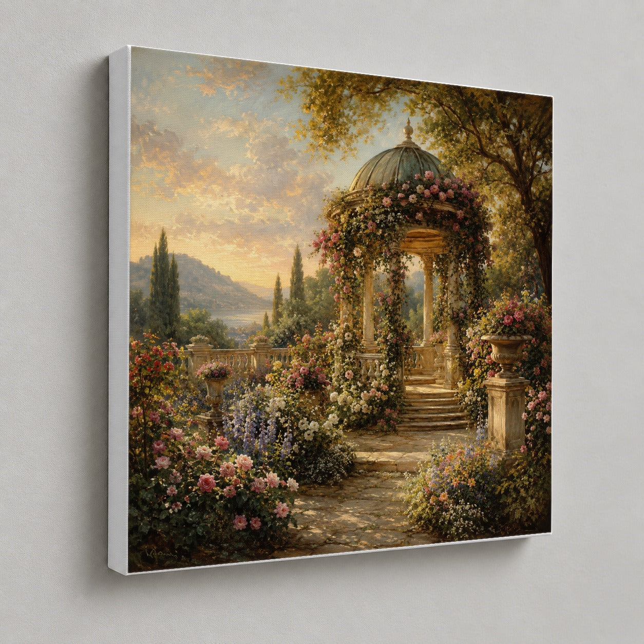 #pl[17x17 Inch|Multicolor] Rose Garden Gazebo Square Canvas Wall Art, Romantic Lakeside Garden