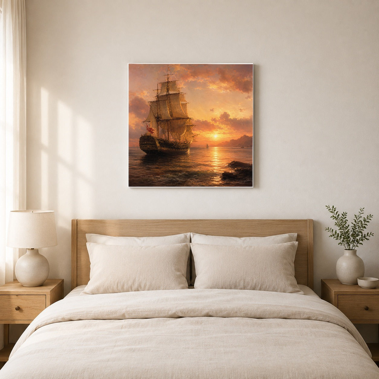 #pl[17x17 Inch|Multicolor] Tall Ship Sunset Square Canvas Wall Art, Vintage Sailing Seascape