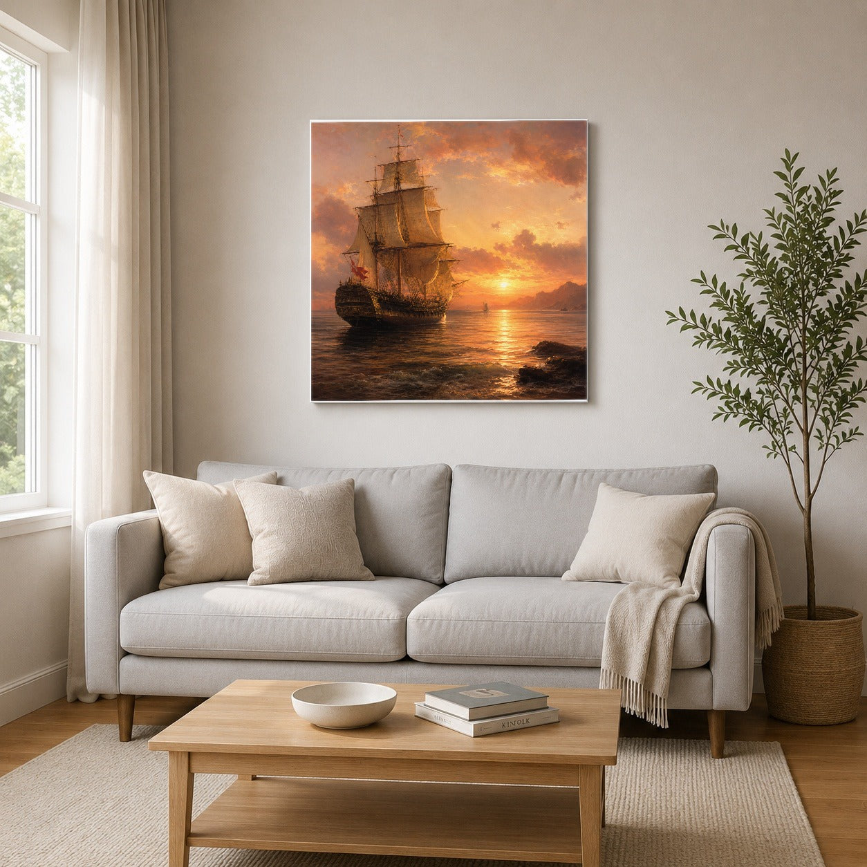 #pl[17x17 Inch|Multicolor] Tall Ship Sunset Square Canvas Wall Art, Vintage Sailing Seascape